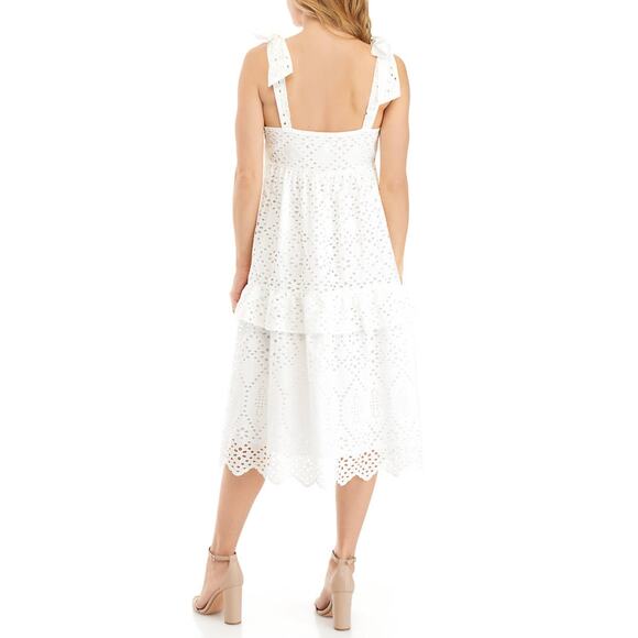 White Eyelet Midi Sundress Womens Dr 10 White Eyelet Dress Cotton Cute Girly Tie - Picture 2 of 9
